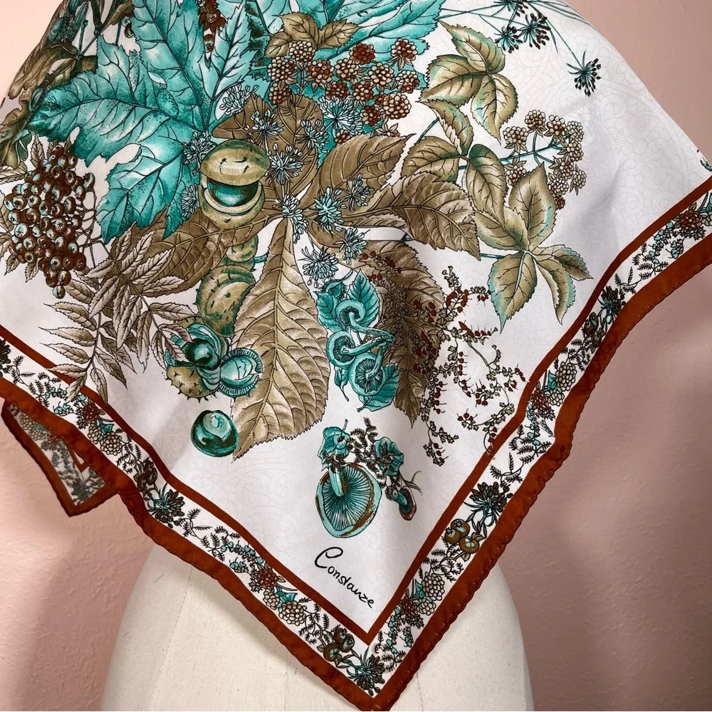 Vintage MCM Constanze  Fairycore Floral Mushroom Rust Aqua Jacquard silk Scarf